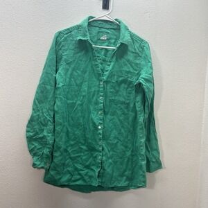 Sigrid Olsen 100% Linen Kelly Green Button Up Top Sz M Collared Preppy Lagenlook